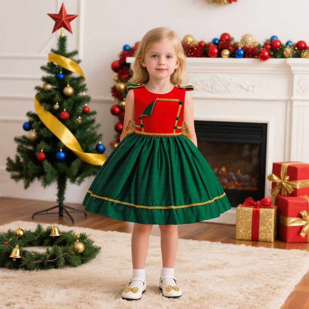 Girl in a red and green holiday dress