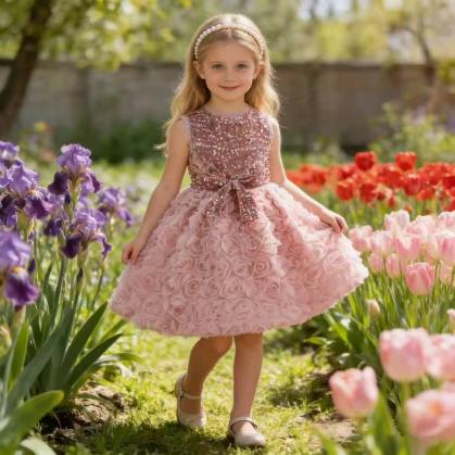 Girl in a rose-pattern party dress