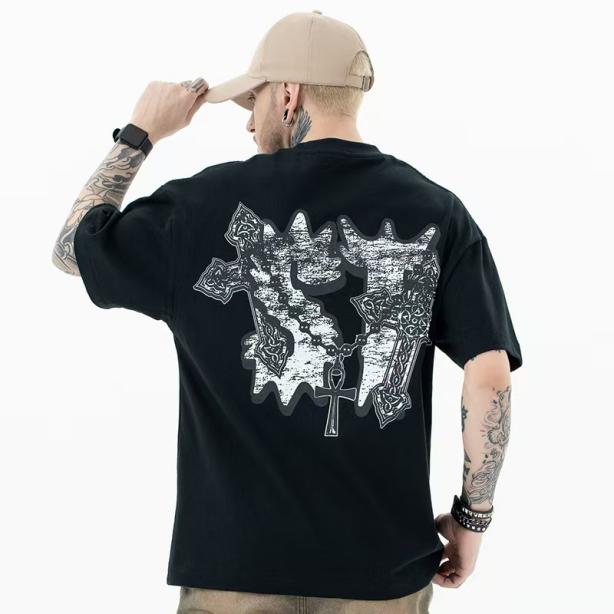 Men's black graphic T-shirt back view