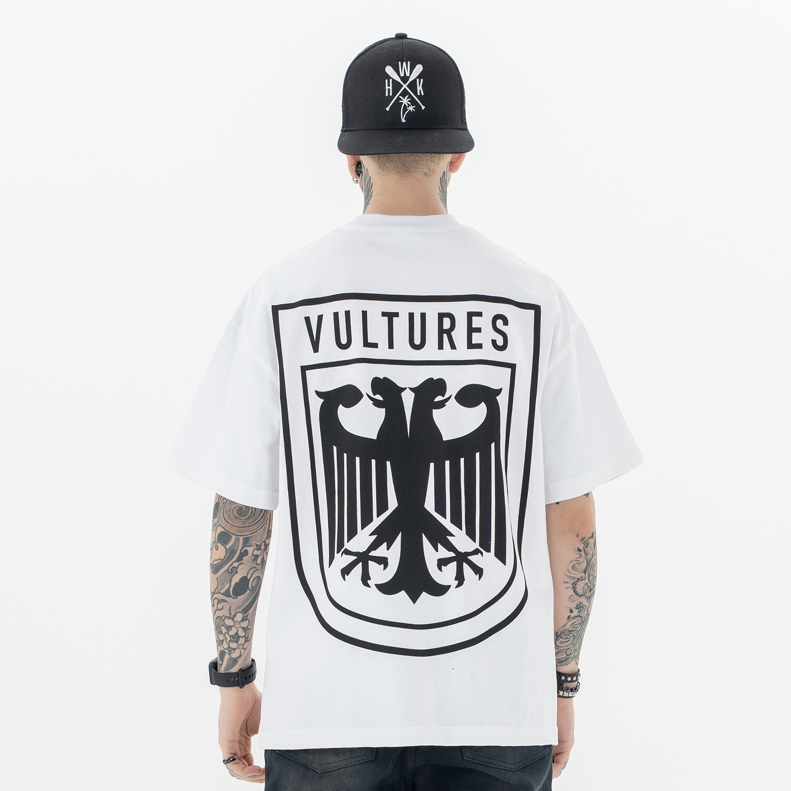Men's white oversized graphic T-shirt back view